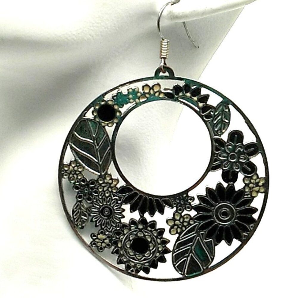 Large Open Circle Lightweight Earrings Cut-out Floral and Leaf Designs